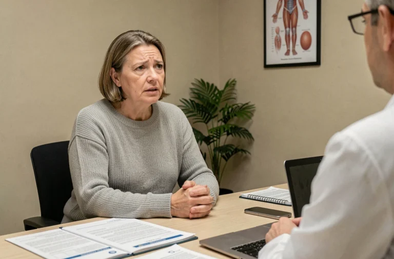 Femme d'âge mûr en consultation médicale discutant de symptômes de leucémie avec un médecin
