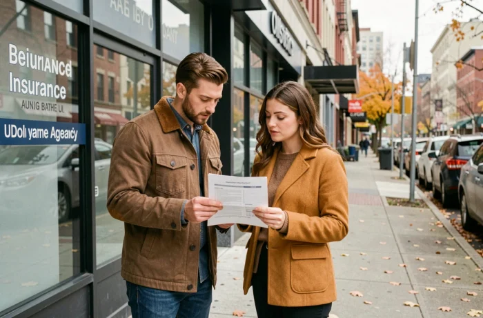 Couple consultant un document d'assurance auto devant une agence en ville, illustrant le processus de choix d'une assurance adaptée