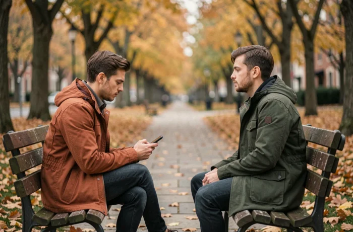 Couple sur un banc de parc en automne illustrant la distance émotionnelle et la déconnexion relationnelle, métaphore visuelle du concept 404 en amour