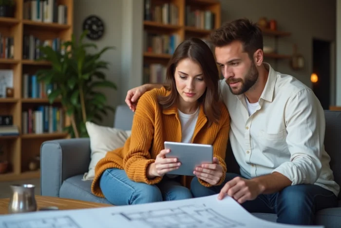 Couple examinant des profils d'artisans sur une tablette pour choisir un prestataire de confiance