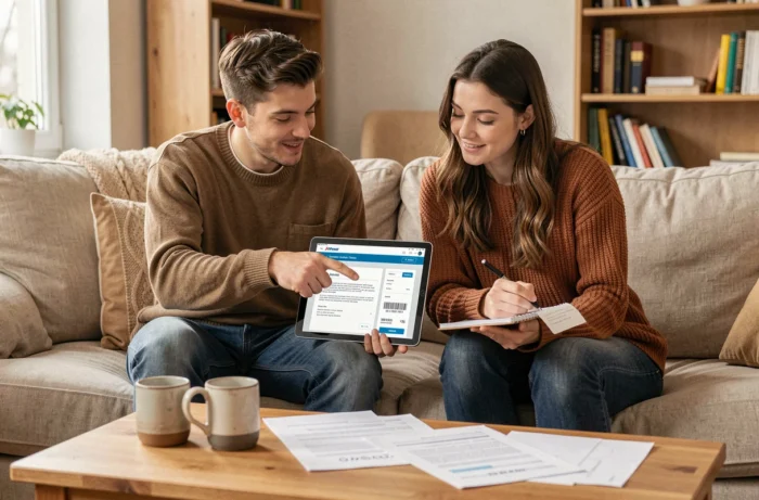 Couple consultant leurs documents locatifs MyFoncia sur une tablette dans leur salon