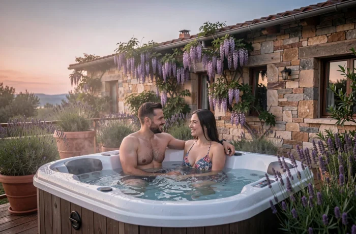 Couple profitant d'un jacuzzi privatif extérieur dans une cabane romantique en PACA au coucher du soleil, atmosphère intime et détente