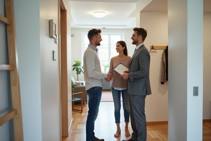 Couple de locataires signant un bail avec un agent immobilier dans leur nouvel appartement