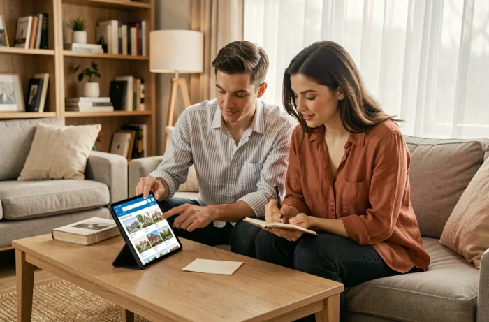 Couple cherchant un appartement en location ensemble sur une tablette via une plateforme immobilière