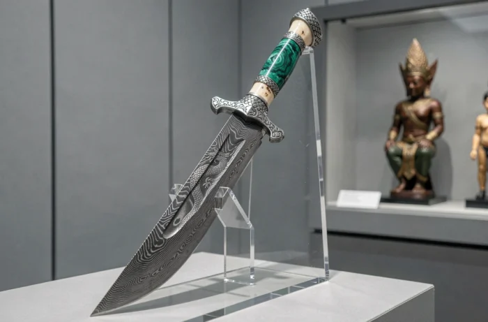 Couteau Gentak Makara exposé sur un socle en acrylique, avec une lame en acier damas gravée de motifs de serpent marin et un manche en malachite verte et os sculpté avec des montures en argent