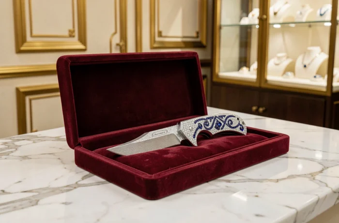 Couteau Joyau de l'Orient incrusté de diamants et de saphirs bleus en arabesque, exposé ouvert dans un écrin de présentation en velours sur un comptoir en marbre blanc dans un atelier de haute joaillerie