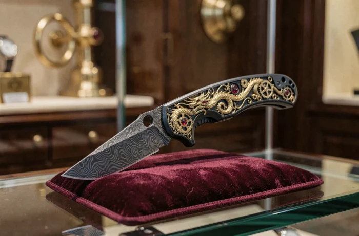 Couteau Monarch Steampunk Dragon de William Henry ouvert sur un coussin de velours bordeaux, avec un manche en titane noirci orné de motifs de dragon en filigrane d'or 18 carats et des rubis sertis
