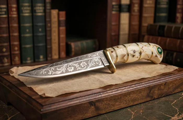 Couteau Spearpoint Lace de Buster Warenski posé sur un parchemin ancien, avec une lame en acier gravée de motifs floraux en dentelle et un manche en ivoire avec incrustation d'or et émeraude