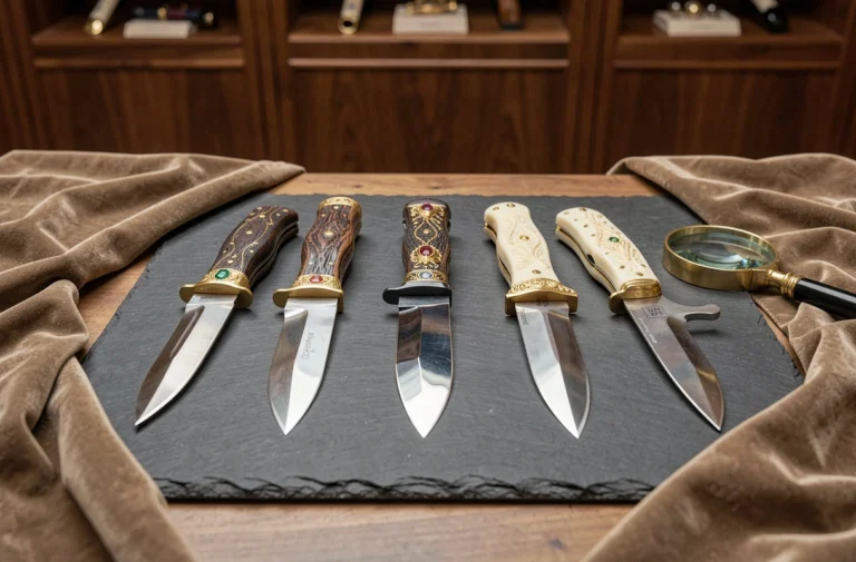 Collection de cinq couteaux de luxe ornés disposés en éventail sur une surface en ardoise sombre, avec des manches incrustés de pierres précieuses et de dorures