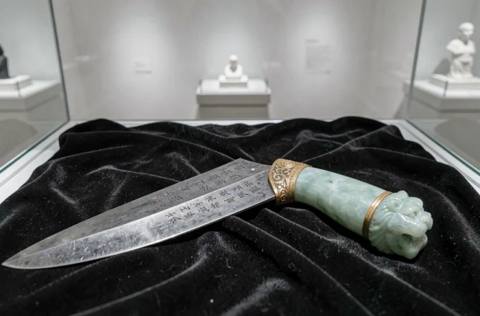 Dague historique à poignée de jade posée sur de la soie noire dans une vitrine, avec un manche en jadéite translucide sculpté en tête de lion ornée de diamants et une lame gravée d'inscriptions calligraphiques