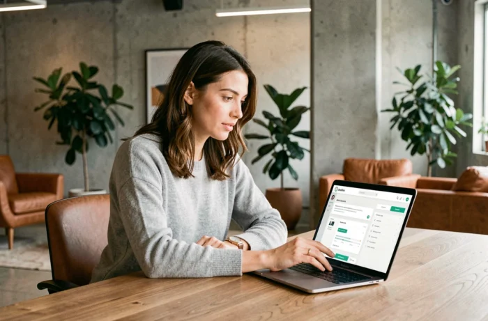 Femme découvrant les nouvelles fonctionnalités d'une plateforme technologique rebaptisée sur son ordinateur portable dans un bureau moderne