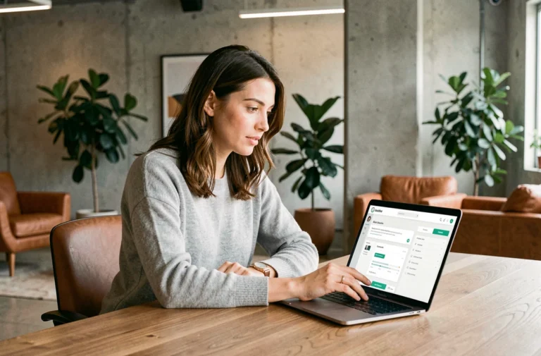 Femme découvrant les nouvelles fonctionnalités d'une plateforme technologique rebaptisée sur son ordinateur portable dans un bureau moderne