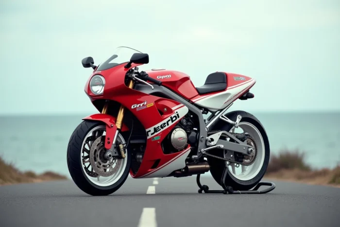 Derbi GPR 50 rouge et blanc carénée garée sur une route côtière avec la mer en arrière-plan