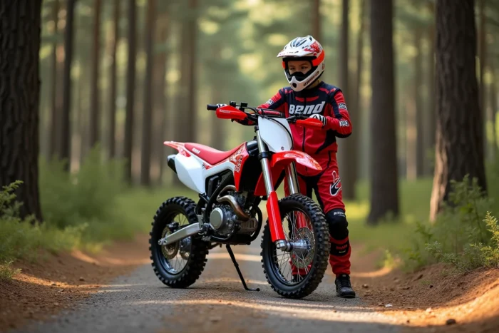 Derbi Senda DRD Racing 50 rouge et blanche sur un chemin forestier avec un jeune pilote en équipement de motocross