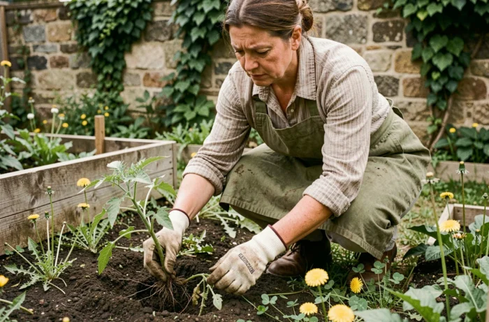 Femme qui arrache des mauvaises herbes à la main dans un potager entre des plants de tomates, portant des gants de jardinage