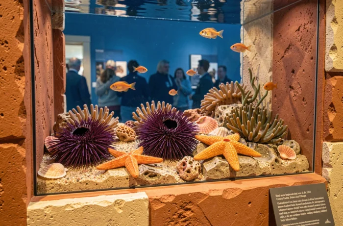 Détail d'un bac de l'aquarium de La Ciotat avec étoiles de mer, oursins et anémones méditerranéennes
