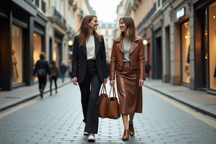 Deux amies stylées marchant dans une rue commerçante urbaine arborant les dernières tendances mode