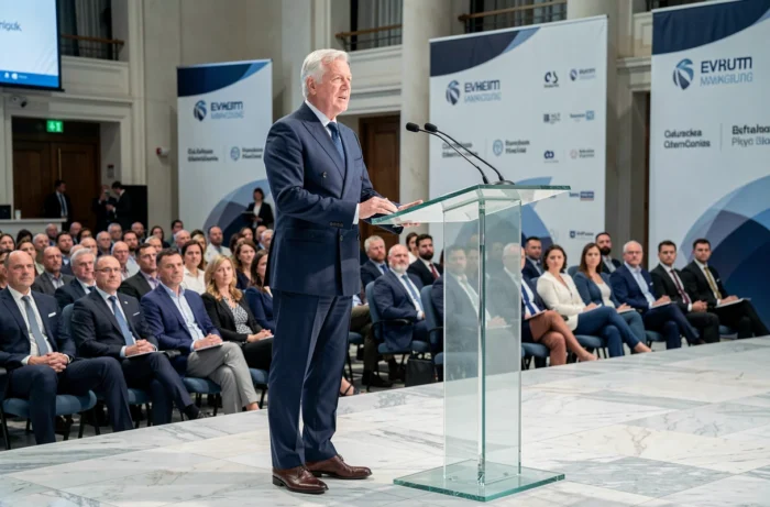 Dirigeant d'un grand groupe financier européen prenant la parole lors d'une assemblée générale d'actionnaires, évoquant la gouvernance et la rémunération des PDG