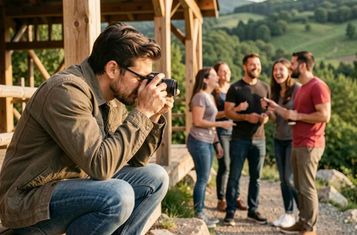 Un ami photographie discrètement le groupe pendant l'EVG pour documenter sans révéler les surprises avant le mariage