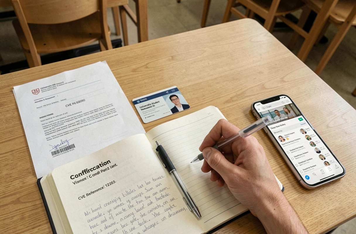 Documentos administrativos do Crous espalhados sobre uma mesa de estudante com o número CVE visível em uma carta de confirmação