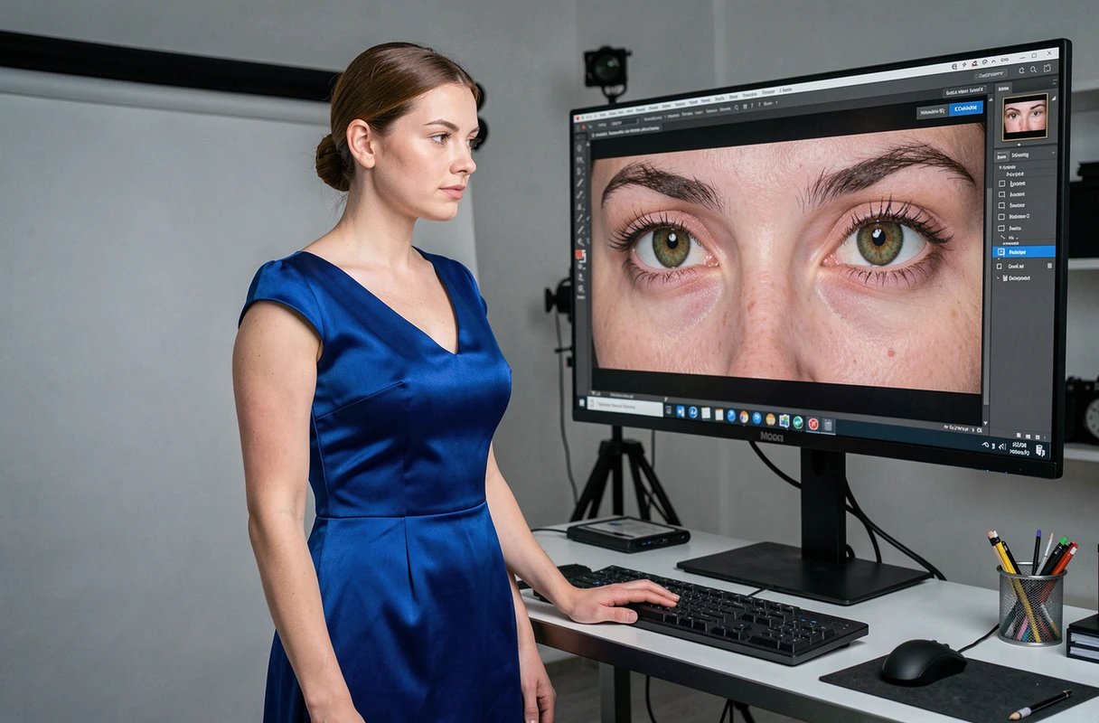 Jeune femme aux yeux hazel en robe bleue dans un studio de post-traitement photo, observant un écran affichant la retouche numérique d'un regard hazel