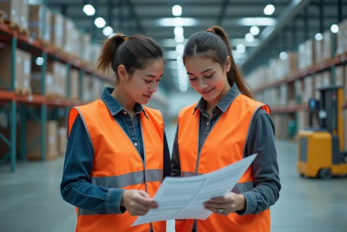 Deux employées logistiques collaborant devant un système de stockage automatisé dans un centre de distribution