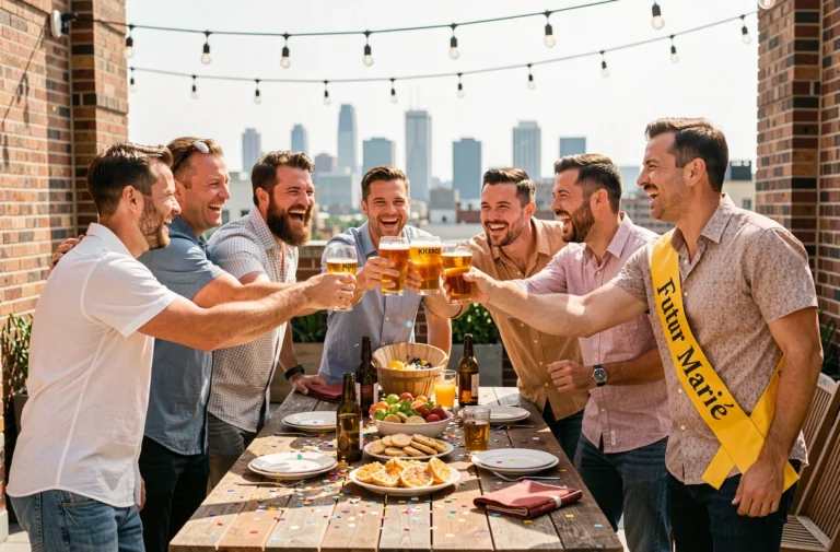 Groupe d'amis célébrant un enterrement de vie de garçon sur une terrasse urbaine ensoleillée
