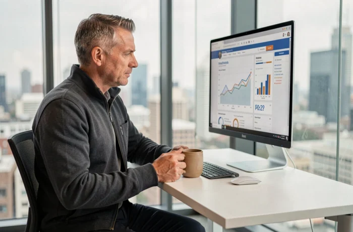 Entrepreneur expérimenté étudiant les tendances de croissance entrepreneuriale dans son bureau moderne