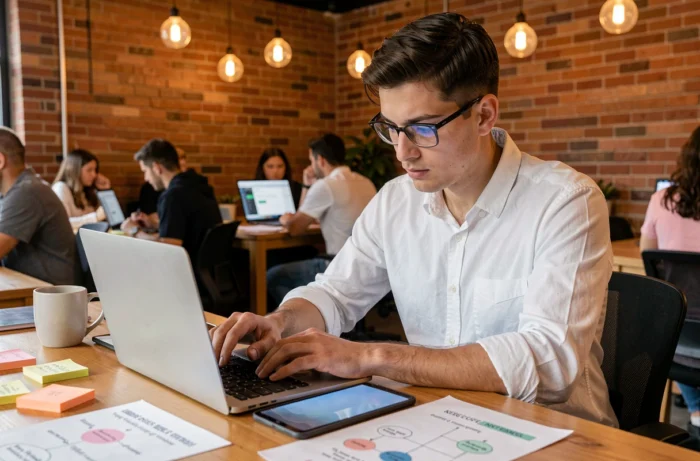 Jeune entrepreneur travaillant sur des services B2B en ligne dans un espace de co-working moderne et dynamique