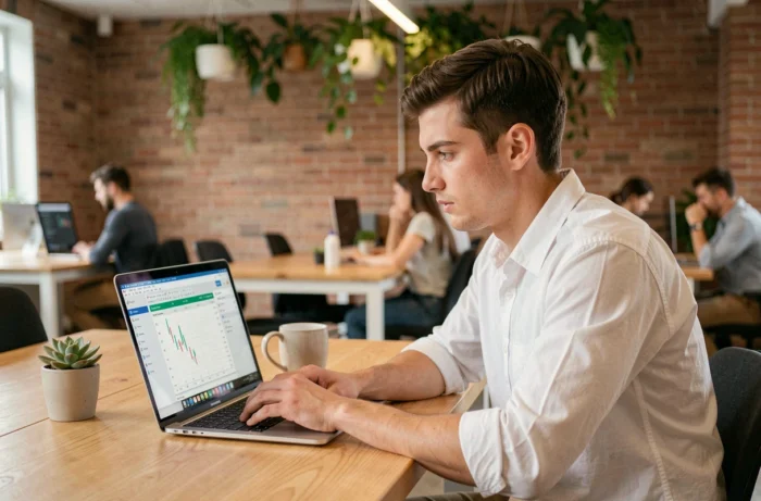 Jeune entrepreneur gérant les finances de son entreprise sur laptop avec un logiciel de gestion financière dans un espace de coworking