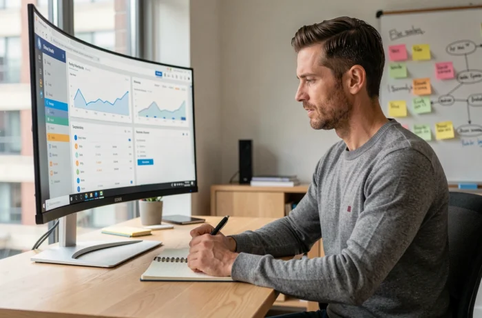 Entrepreneur travaillant sur une plateforme de gestion d'entreprise depuis son bureau à domicile avec un grand écran incurvé