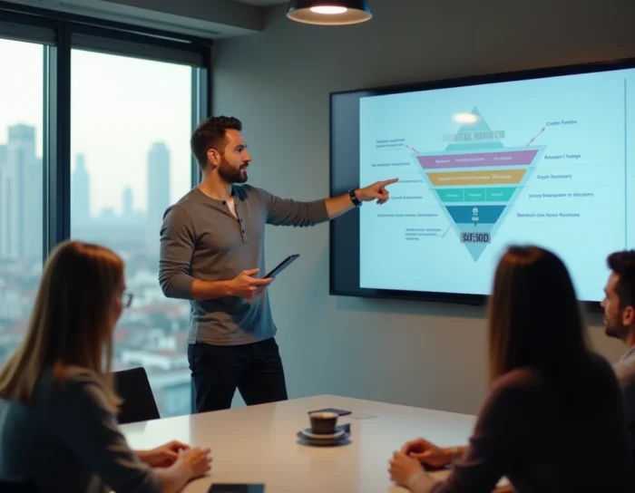 Entrepreneur présentant une stratégie de marketing digital à son équipe dans un espace de coworking moderne