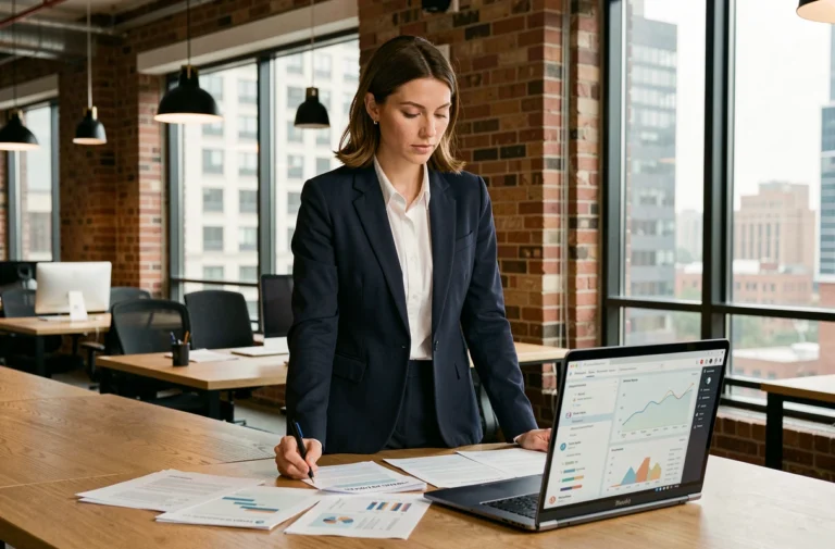 Entrepreneuse analysant des données et tendances innovantes dans un espace de co-working moderne