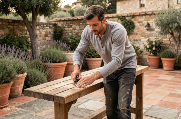 Homme ponçant un banc en bois massif sur une terrasse en pierre dans un jardin