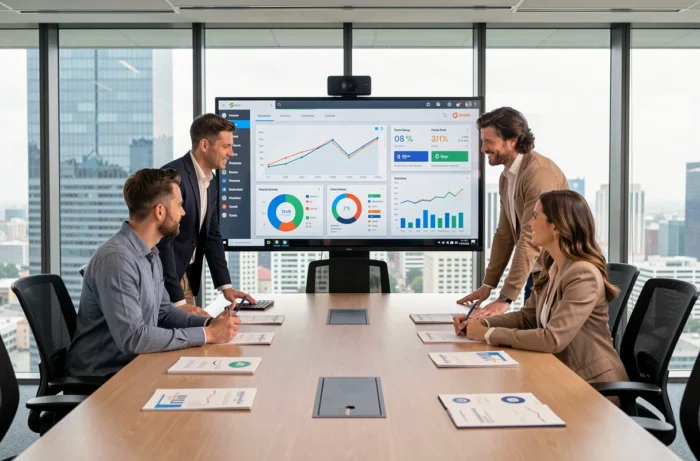 Équipe de professionnels analysant des tableaux de bord de gestion d'entreprise sur un écran interactif en salle de réunion