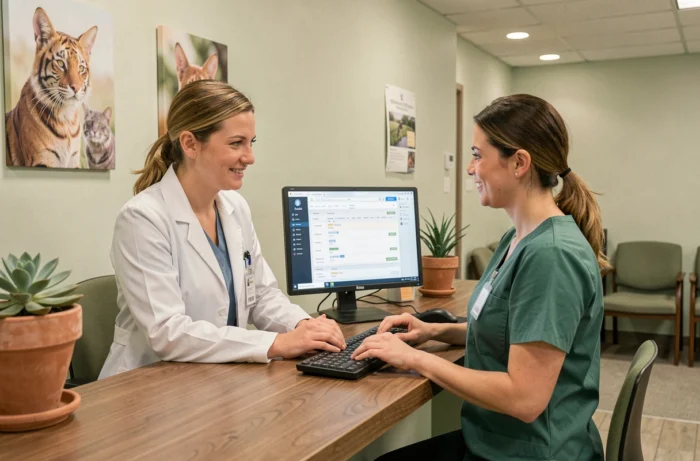 Deux employées d'un cabinet vétérinaire collaborant sur un logiciel de gestion à l'accueil