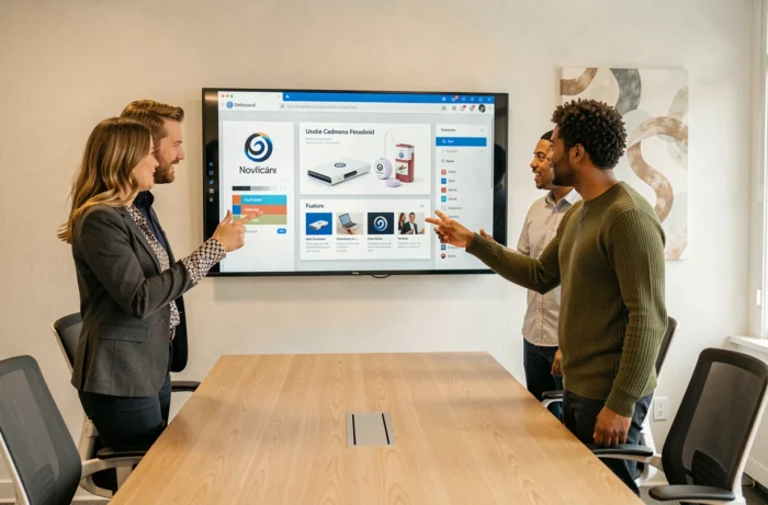 Équipe de professionnels découvrant ensemble le nouveau nom et les fonctionnalités innovantes d'une plateforme sur un écran interactif en salle de réunion