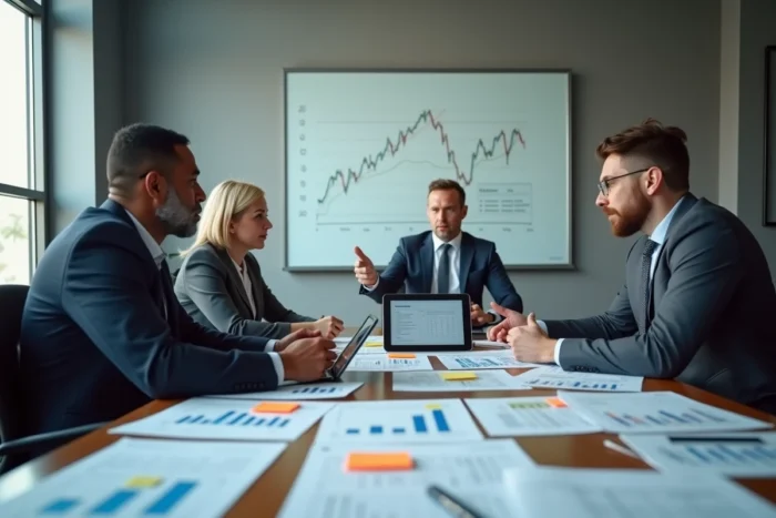 Équipe de professionnels de la finance débattant autour d'une table de réunion avec des graphiques d'indices de confiance économique