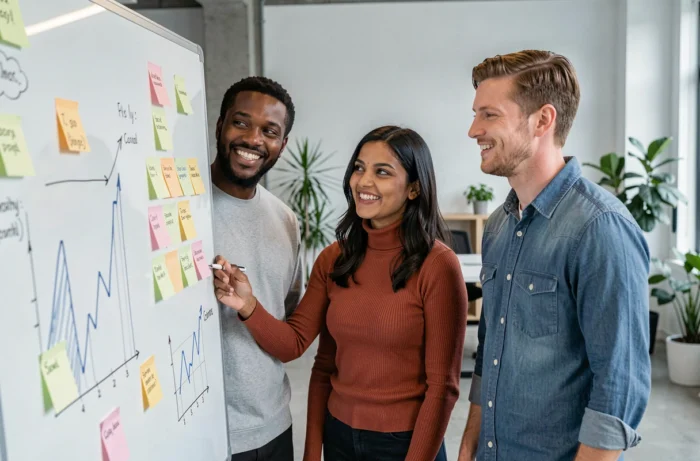 Équipe de jeunes entrepreneurs collaborant sur des idées innovantes autour d'un tableau blanc dans une startup