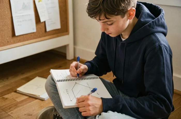 Student, der die Methode zur Berechnung der Fläche eines Parallelogramms in einem Matheheft wiederholt