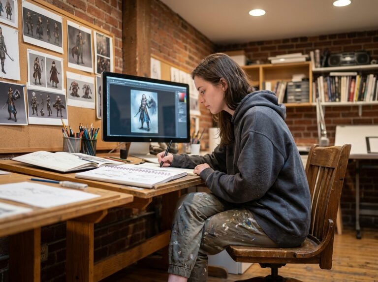 Étudiante en concept art travaillant sur une illustration de personnage fantasy dans un studio d'école des beaux-arts