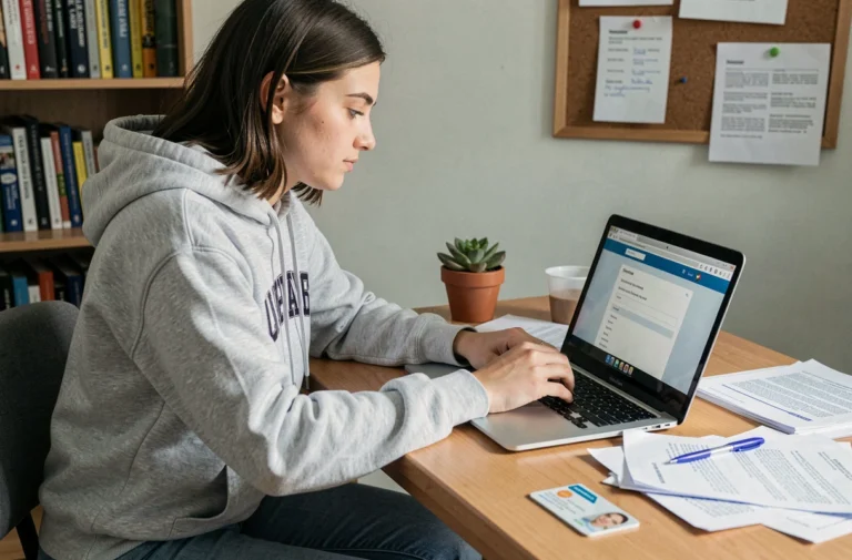 Étudiante remplissant un dossier administratif Crous sur son ordinateur portable dans une chambre universitaire