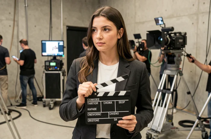 Étudiante en école de cinéma tenant un clap de tournage sur un plateau professionnel