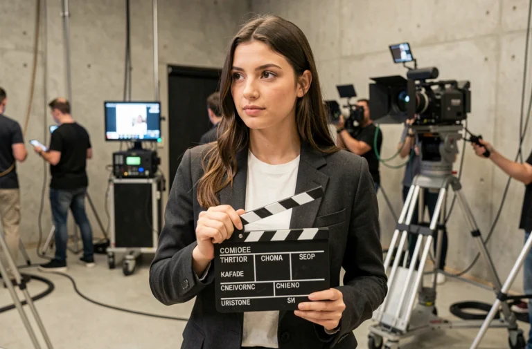 Étudiante en école de cinéma tenant un clap de tournage sur un plateau professionnel