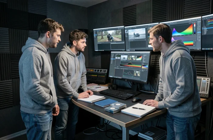 Étudiants en cinéma travaillant sur le montage vidéo dans une salle de post-production professionnelle