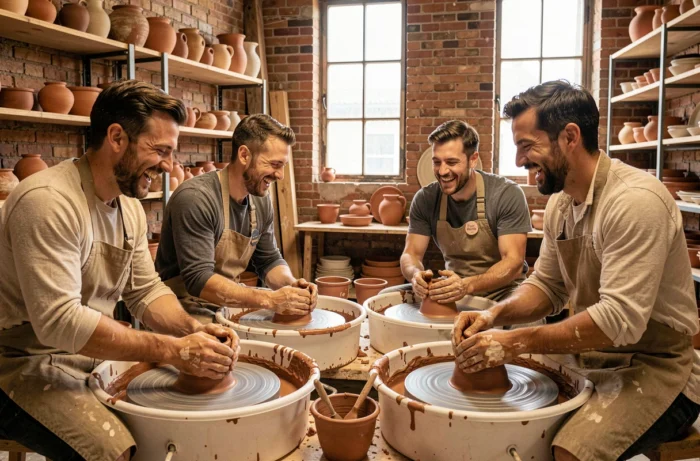 Groupe d'amis participant à un atelier de poterie comme EVG expérientiel dans un studio artisanal