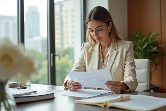 Experte en organisation de mariages consultant un contrat dans un bureau professionnel élégant