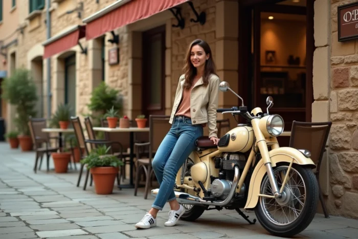 Fantic Casa 50 au style rétro crème et marron garée devant un café en pierre dans un village européen