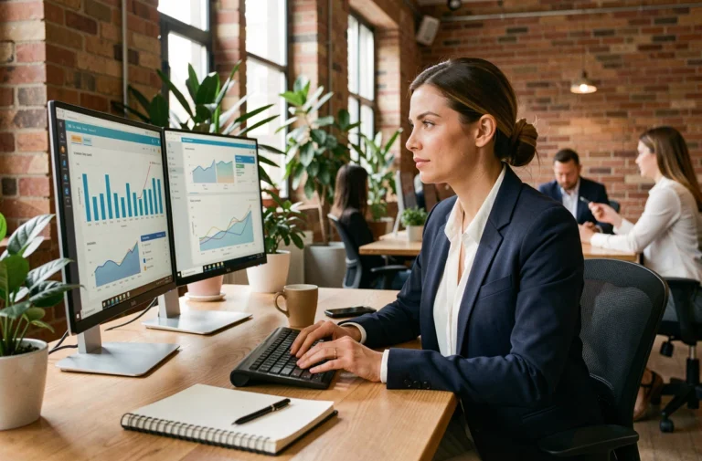 Femme d'affaires analysant des tableaux de bord numériques pour optimiser sa présence en ligne dans un bureau moderne