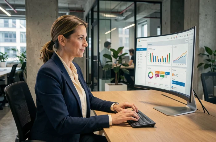 Femme d'affaires utilisant un tableau de bord SaaS sur grand écran dans un bureau moderne pour booster son entreprise B2B